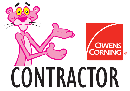 Owens Corning Contractor logo featuring the Pink Panther mascot pointing toward the Owens Corning brand mark.