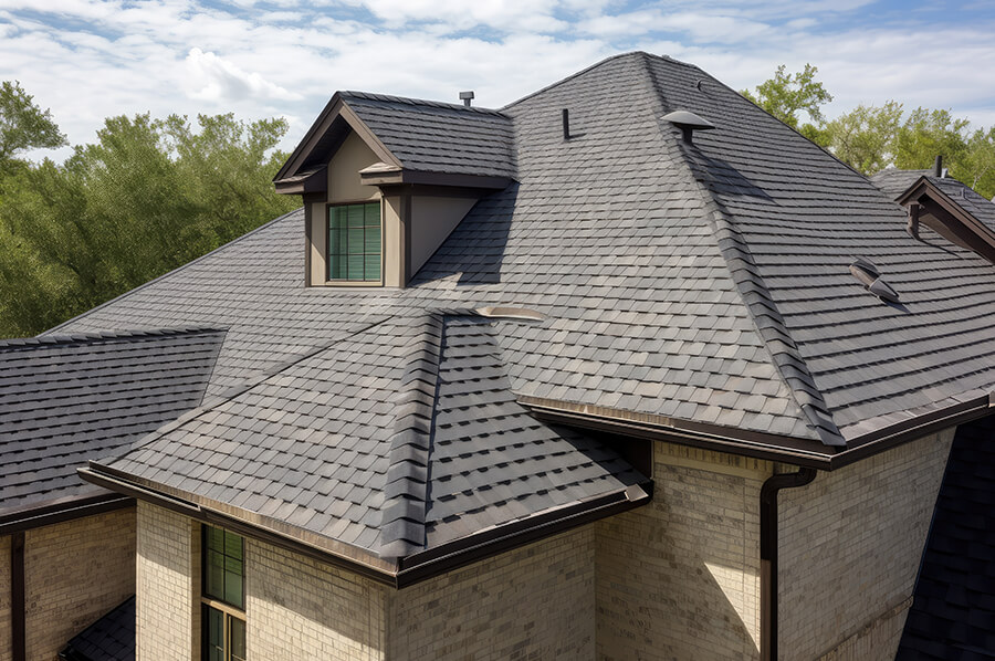 Close-up view of a modern home with a newly installed asphalt shingle roof in dark gray, showcasing clean lines, proper flashing, and multiple roof slopes.