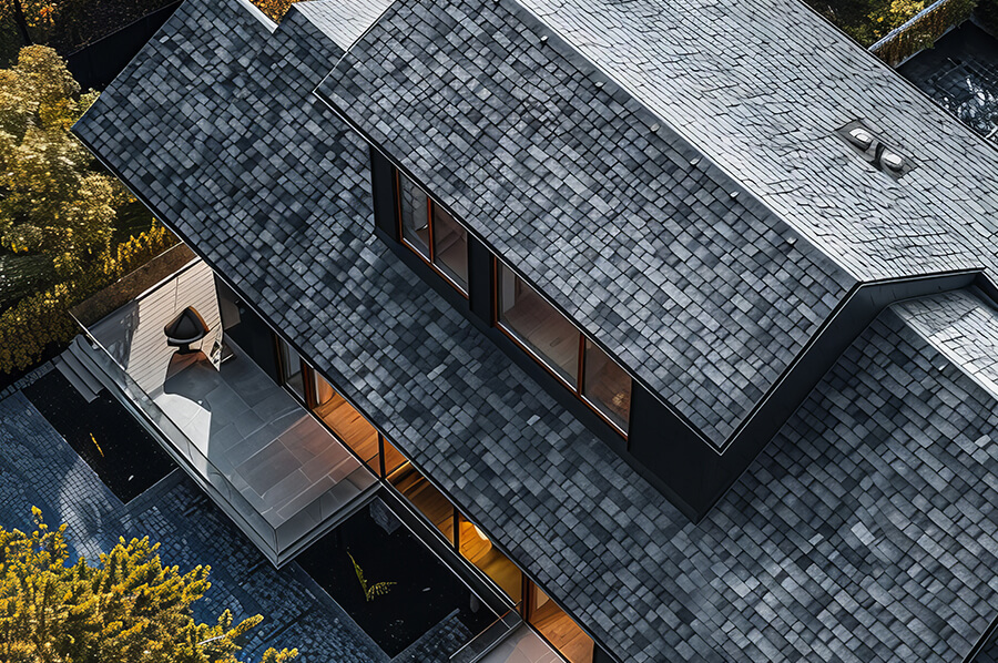 Aerial view of a modern home with a sleek, newly installed dark gray shingle roof, highlighting clean lines, multiple slopes, and contemporary architecture.