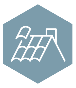 Roof installation icon showing shingles being placed on a house roof with a chimney.